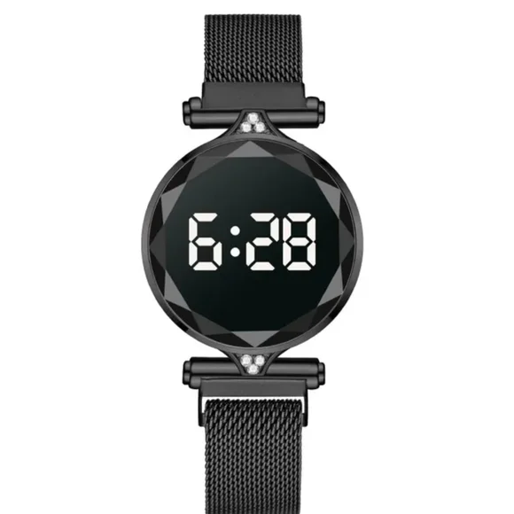 Black Rhinestone Buckle Mesh Belt LED Watch - Picture 2 of 7